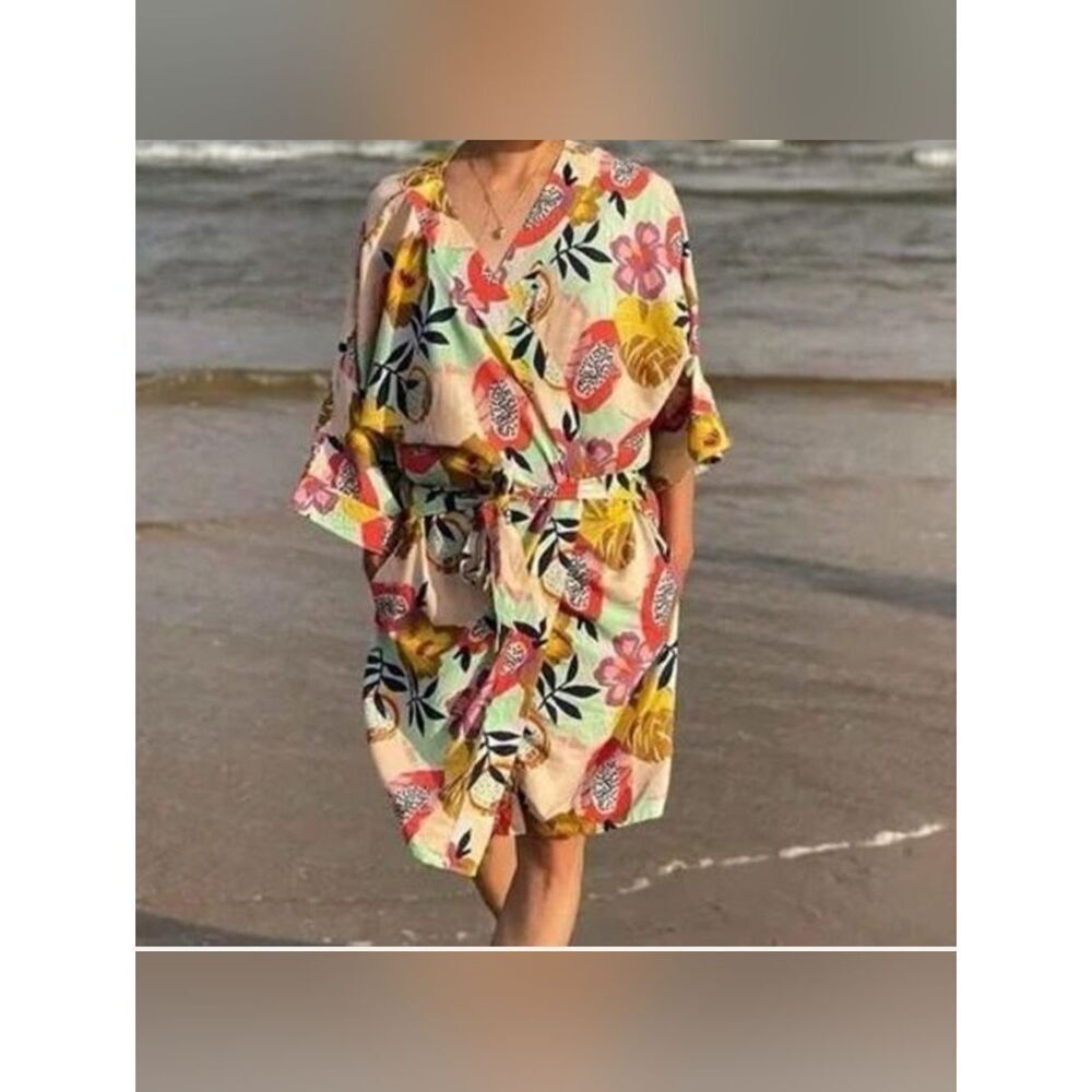 Noonday Collection Papaya Tropical Floral Print Kimono Robe Women’s XS / S